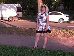 Cute blonde mom gets naughty in public upskirt