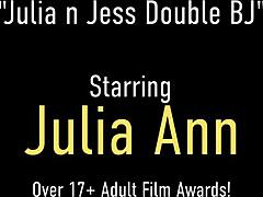 Zwei erfahrene Frauen, Julia Ann und Jessica James, teilen sich einen Penis und lassen sich beim Kehlenfick rannehmen
