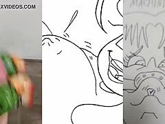 Een dikke hentai-meisje met grote tieten masturbeert een man en een konijn in een hete video
