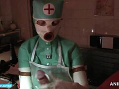 Сестрата Джейд Грийн в ръкавици с маска прави анален юмрук и орален секс на пациент в гумена дреха
