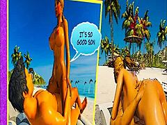 Porno animato con matrigna e figlio su una spiaggia per nudisti