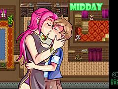 Uma tia adotiva e uma milf com seios grandes e cabelos cor-de-rosa em um jogo pornô